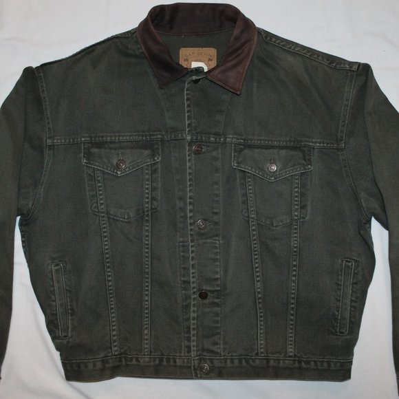 Vintage 90s GAP Denim Jacket w/ Leather Collar - Picture 1 of 6